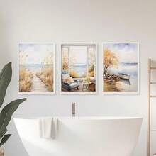 3 Stück Aquarell Küsten Strand Leinwandkunst, Strandpromenade Fensterblick Boot Drucke, neutrale Boho Dekoration für Wohnzimmer Schlafzimmer, moderne Küsten Heimdekoration, ohne Rahmen - 821 - Übersicht 8
