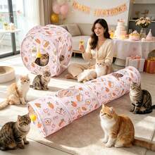 1Pc Cute Carrot Rabbit Print Collapsible Cat Tunnel Interactive Play Tube With Peek Holes And Hanging Ball Foldable Pet Hideaway For Cats Rabbits And Small Pets - Multicolor - View 1
