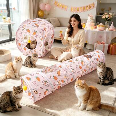 1Pc Cute Carrot Rabbit Print Collapsible Cat Tunnel Interactive Play Tube With Peek Holes And Hanging Ball Foldable Pet Hideaway For Cats Rabbits And Small Pets