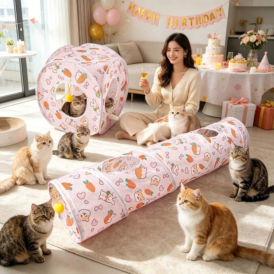 1Pc Cute Carrot Rabbit Print Collapsible Cat Tunnel Interactive Play Tube With Peek Holes And Hanging Ball Foldable Pet Hideaway For Cats Rabbits And Small Pets - Multicolor - View 1