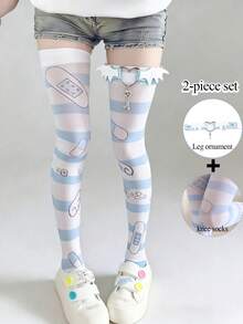 STAR RIVER 1Set Subculture Stockings: Blue Striped Thigh-High Socks+Heart Wing Leg Decor Cute Anime Print Knee Socks, Lolita Cosplay Y2K - Multicolor - View 10
