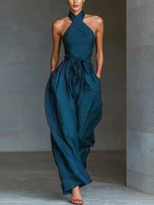 Sleeveless Plain Jumpsuit With Halter Neck And Drawstring - Blue - View 6