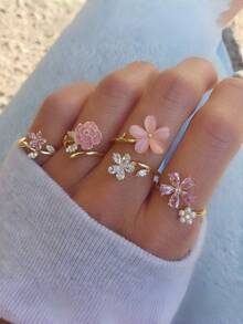 Floral Ring Set For Women, Fashionable Niche Fairy Style Sweet Luxury Rhinestone Decorated Handpiece - Pink - View 5