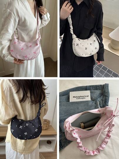 1pc Cute Ruffle Tie Bow Underarm Bag For Women, Elegant Ladies Handbag Shoulder Bag, Cute Affordable Women's Casual Bag, Practical Butterfly Print Small Pocket Bag Suitable For Storing Wallet, Cosmetics, Office Commute, Summer Shopping, Travel, Great Gift For Eid Al-Adha And Mother's Day