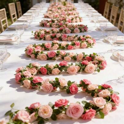 2pcs Extra Long Faux Dual Pink Rose Vine Garland, Suitable For Arch, Party, Wedding, Birthday Wall Arch Decor, Wedding Decor, DIY Decor, Mother's Day Garden Decor, Window/Door Wrap, Gift Packaging, Home Decor, Durable & Flexible Shape, Long-Lasting Bloom Without Fading (Actual Product Is Shown In Image 7, 8 Pieces Are Required To Achieve The Effect Shown In Image 1)