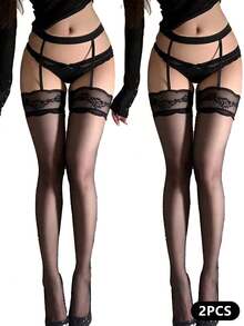 1件装女士黑色/红色蕾丝细带性感吊带袜，适合派对、春夏穿着 - 彩色 - 查看 15