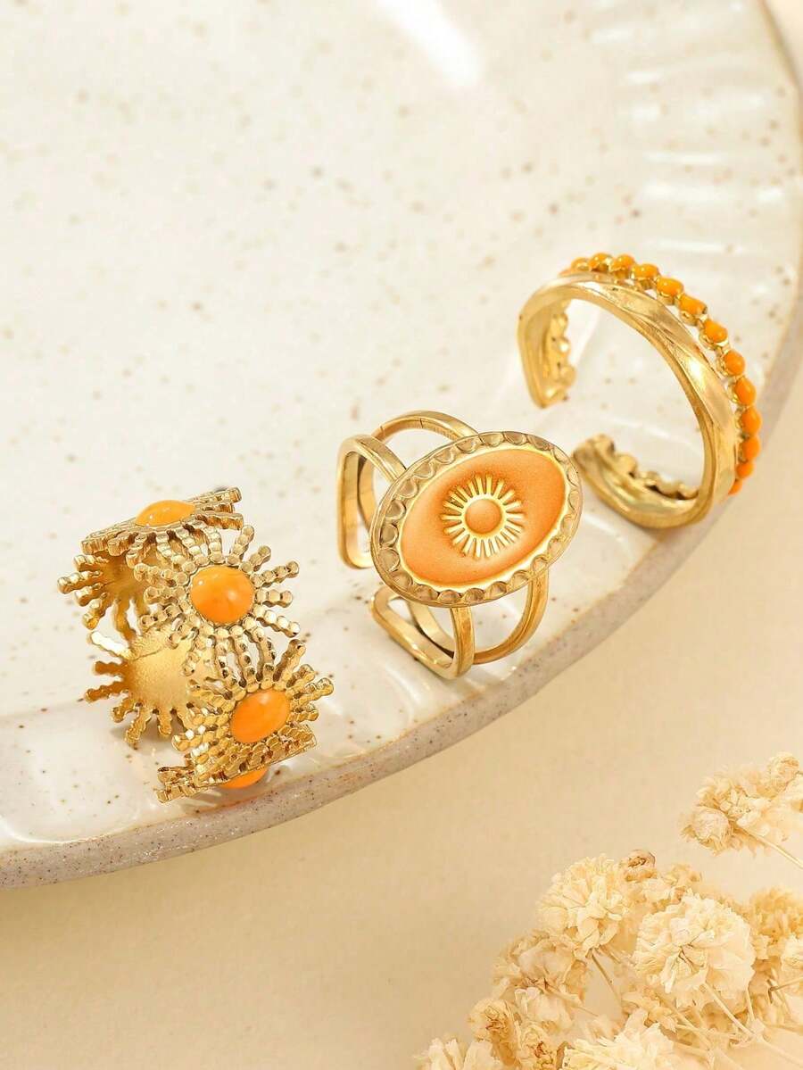 Bộ 3 chiếc nhẫn hở hình mặt trời màu cam, mạ vàng, làm từ thép không gỉ, thích hợp để phụ nữ đeo hàng ngày hoặc làm quà tặng. - Vàng - Xem 1