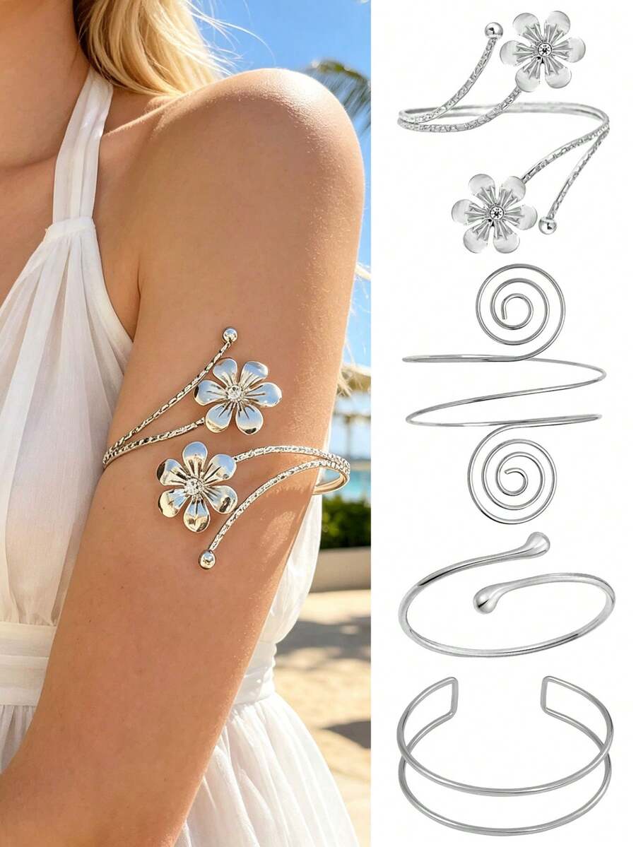 4pcs/Set Metal Minimalist Summer Vacation Style Adjustable Flower & Geometric Water Drop Bangle Bracelet Set - Flower Geometric AT041 Silver - View 1