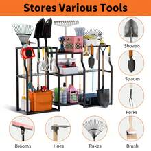 UNHO Multi-Tier Freestanding Garden & Garage Tool Organiser Heavy Duty Storage Rack With Mesh Baskets & Tool Hooks - Black - View 6