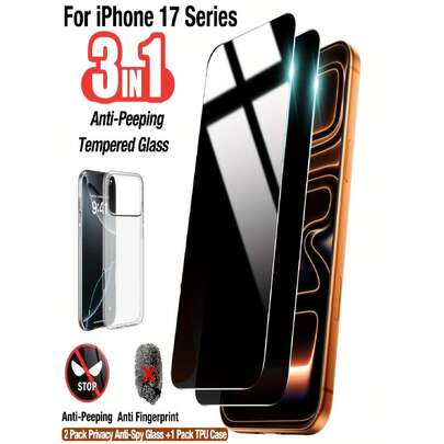 2片隐私钢化玻璃膜+1个TPU手机壳，兼容 17/16/15 Pro Max Plus/16e/14/13/12/11 Plus/Mini/XR/X/XS Max，9H+硬度，防刮防指纹，全覆盖，防窥，防摔。