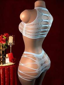 2PCS((Innerwear Not Included) Sexy Lingerie: Tear-Away, Open-Work Jacquard Two-Piece Set-Fresh, Seductive, Body-Hugging, And Easy-Access Meshwear For Women - Blue - View 4