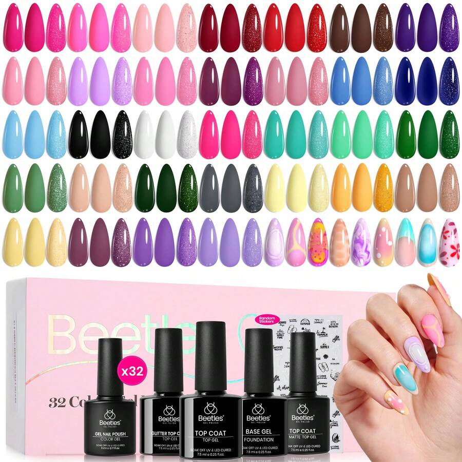 Beetles 32 Colors Spring Gel Polish Set - Purple Orange Red Brown Black White Blue Nude Green All Seasons Kit With Base Top Coat, UV LED Needed, Gifts For Women Fingertips Canvas - 32 Colors Fingertips Canvas Collection - 查看 1
