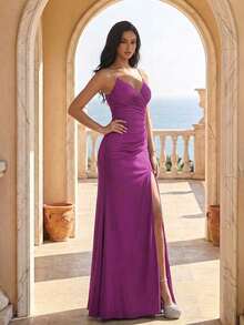 Gaun Prom Model Duyung Berkerut dengan Tali Bahu Tipis dan Hiasan Berlian Imitasi Ungu, Gaun Maxi Leher V dengan Belahan Tinggi dan Resleting Belakang untuk Pesta Pernikahan dan Pengiring Pengantin di Musim Semi dan Musim Panas - Purple - View 4