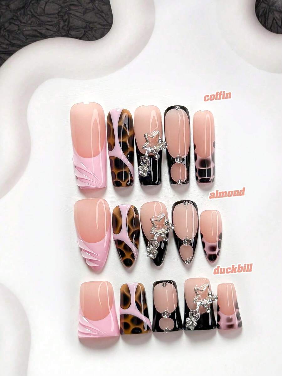 10pcs Y2K Baddie Style Polygonal Gel Nail Kit, Acrylic Pressed Nails, Silver Star Chain Nail Decor With Small Rhinestones, Nude Pink Base With Leopard Print And Black/Pink Block Nail Art, Pink, Black, Brown Nail Polish, Includes Nail Tools (1 Jelly Sticker + 1 Nail File) 3 Sizes Available: Almond, Duck, Coffin Nails, Suitable For Daily Wear, Dates, Sexy Outfits, Parties, Great Gift For Women And Girls - Multicolor - View 1