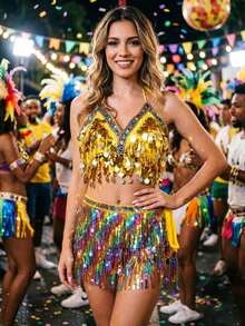 Carnival 2 Pieces Outfit Set - Sequin Fringe Coin Embellished Bra Top & Hip Wrap For Festival, Rave & Parade Wear (Available In Multiple Colors) - Multicolor - View 15