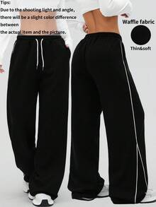 1 pieza Pantalón jogger holgado con textura de gofre, con bolsillos y diseño de rayas laterales en contraste, pierna recta, adecuado para correr al aire libre, entrenamiento en el gimnasio, uso casual, todo el año, color negro primaveral - Negro - Ver 2