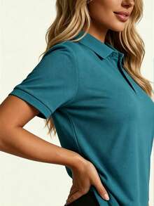 AHTELB Women's Summer Solid Color Quick-Dry Polo Shirt, Casual Sports Breathable Top, Comfortable Cool Air-Conditioned Shirt, Outdoor Quick-Dry Short Sleeve Running Sports Lightweight Training Top, Golf Horse Riding Baseball Sports Polo Shirt - Blue - View 3