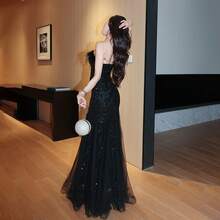 Women's Strapless Dress 2026 New Model Black Sequined Mermaid Tulle Dress For Host, Banquet, Wedding, Art Exam, Birthday - màu đen - Xem 4