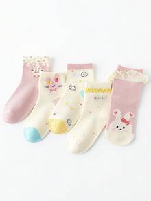5 Pairs Summer Kids Mesh Socks, Pink Cartoon Animal Pattern Girls Mid-Calf Socks - Multicolor - View 12