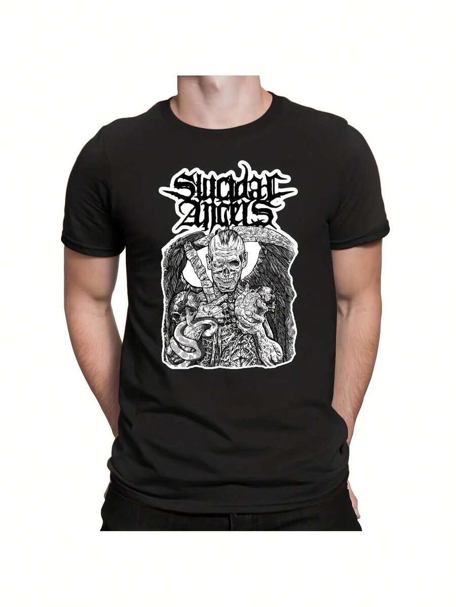 Moda Todo Combina Moda Versátil Regalo para Hombre Vintage Calavera Vacaciones Camiseta para Hombre Ángel - Negro - Ver 1