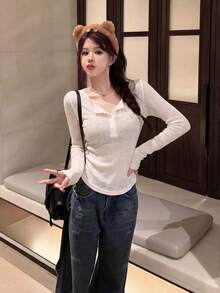 新款春夏性感修身罗纹针织毛衣，弹力百搭修身套头衫，女士 - 白色 - 查看 3