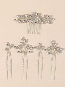 5PCS/SET Silver Rhinestone Bridal Hair Comb & Pins Set, Crystal Leaf Wedding Hair Accessories,Bridal Silver Rhinestone Hair Accessories Set, 1 Hair Comb And 4 U-Shaped Hair Pins,Festival,Birthday - Silver - View 5