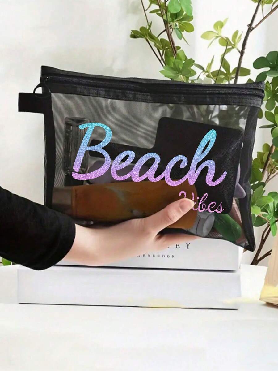 Bolsa de playa de malla impermeable y colorida con estampado impreso "Beach Vibe", temática de playa, bolsa de cosméticos transparente de gran capacidad, bolsa de almacenamiento para viajes de playa de verano, estuche de maquillaje con cremallera de nailon, ligera, puede almacenar protector solar, aperitivos, bikini y artículos esenciales de playa. Almacenamiento de primavera/verano, decoración de dormitorio, vuelta a la escuela - Multicolor - Ver 1