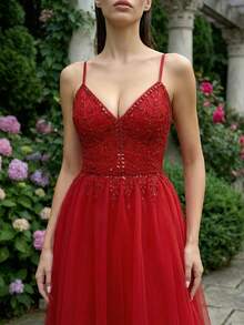 Elegant Burgundy Spaghetti Strap Beaded A-Line Mesh Party Dress, Perfect For Formal Occasions, Elegant Balls And Evening Parties, Also Suitable For Wedding Guests, Graduation Ceremonies, Evening Parties, Gatherings And Balls - Burgundy - View 4