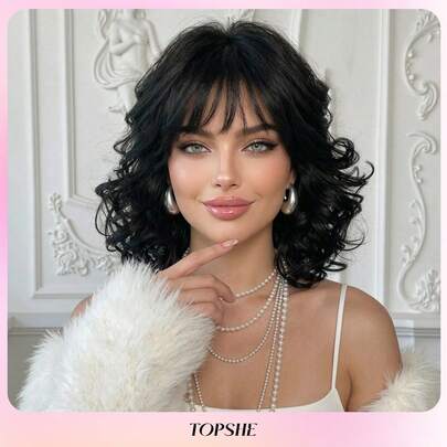 Tóc giả ngắn TOPSHE 12 inch, tóc xoăn đen có mái, tóc giả dành cho nữ, mềm mại và thời trang, phù hợp cho sử dụng hàng ngày, dự tiệc, Halloween và cosplay, phong cách thập niên 80, 90.