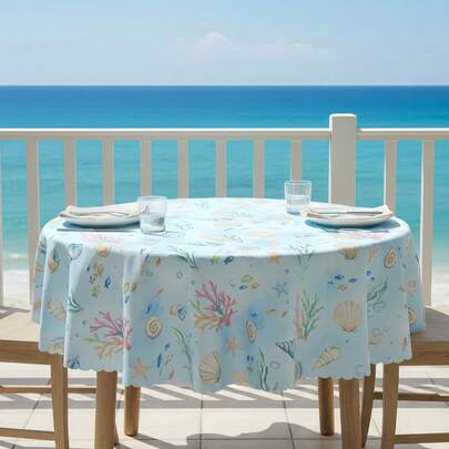 1 chiếc khăn trải bàn tròn họa tiết vỏ sò biển màu nước, khăn trải bàn bằng polyester phong cách ven biển với viền vỏ sò, khăn trải bàn chủ đề bãi biển cho phòng ăn trong nhà/ngoài trời, sân hiên, vườn, tiệc mùa hè và trang trí nhà bếp.