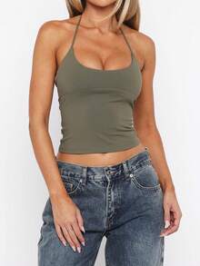 Vaiaye Sexy Backless Women's Camisole, Solid Color Sleeveless Casual Spaghetti Strap Tank Top, Retro Sexy Fitted Open Back Sports Yoga Casual Vest, 2025 Summer Holiday Wear - Green - View 10