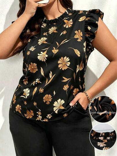 大码女式夏季黑色底棕色白色碎花短袖衬衫，荷叶边领口设计，适合工作、通勤和日常穿着。