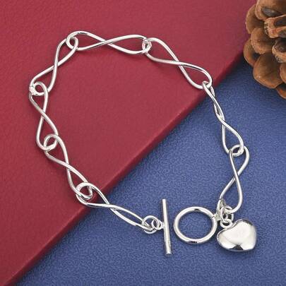 925 Sterling Silver Plated Glossy Heart-Shaped Bracelet, Fashionable Women's Jewelry, Wedding Accessories, Christmas Party Accessories