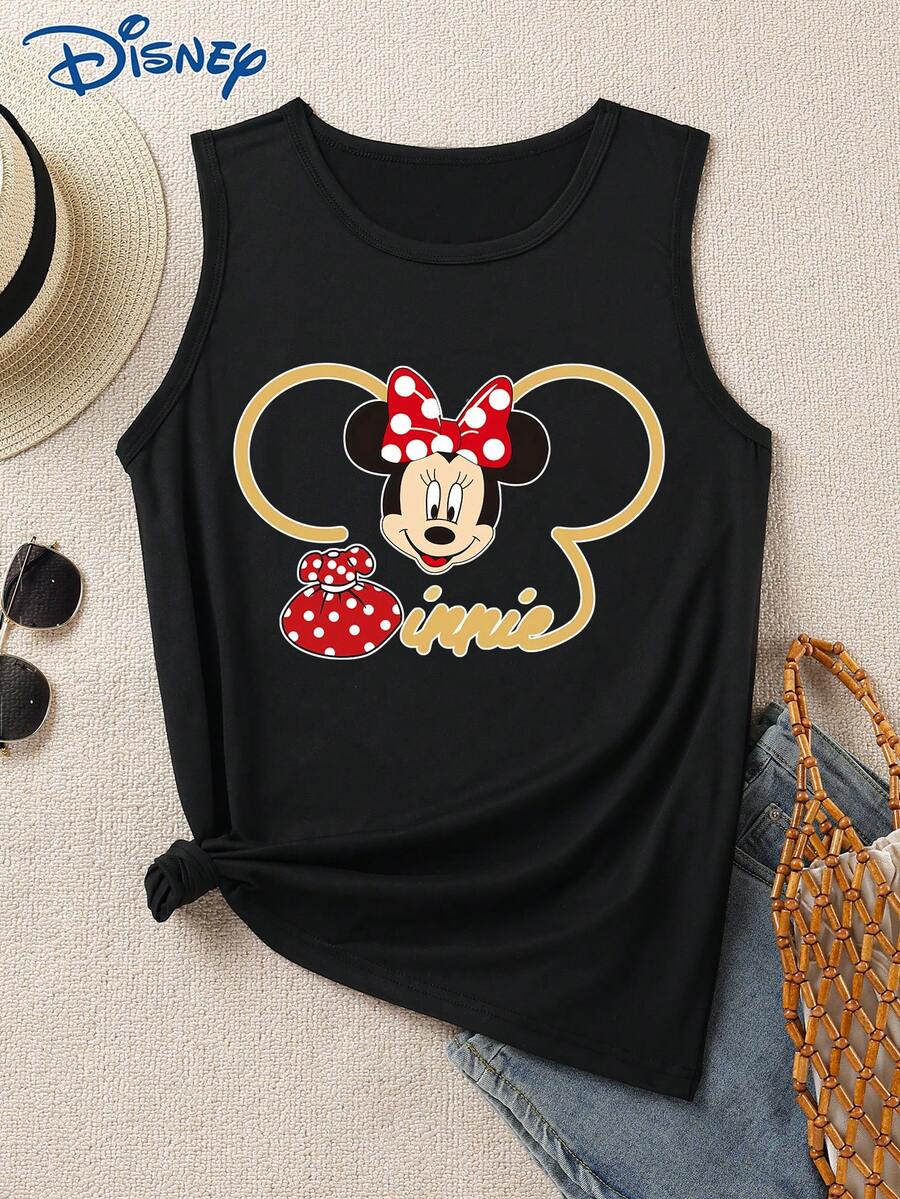 Disney 1件女士卡通米妮印花背心,圆领,弹力面料,适合日常穿着,易护理面料,时尚休闲女士背心 - 黑色 - 查看 1