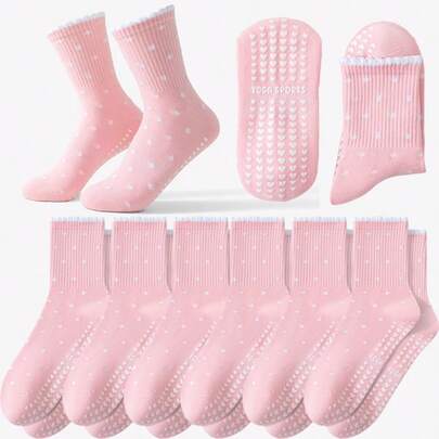 Women's Yoga Pilates Grip Socks, Fitness Socks, Non-Slip Socks, Dance Socks, Exercise Socks, Breathable Sweat-Absorbent Cushioned Non-Slip Yoga Sports Socks, Suitable For Gym, Workout, Yoga, Gymnastics, Ballet, Outdoor Sports, Ruffled Hem Simple Polka Dot Yoga Crew Socks, Ideal Gift