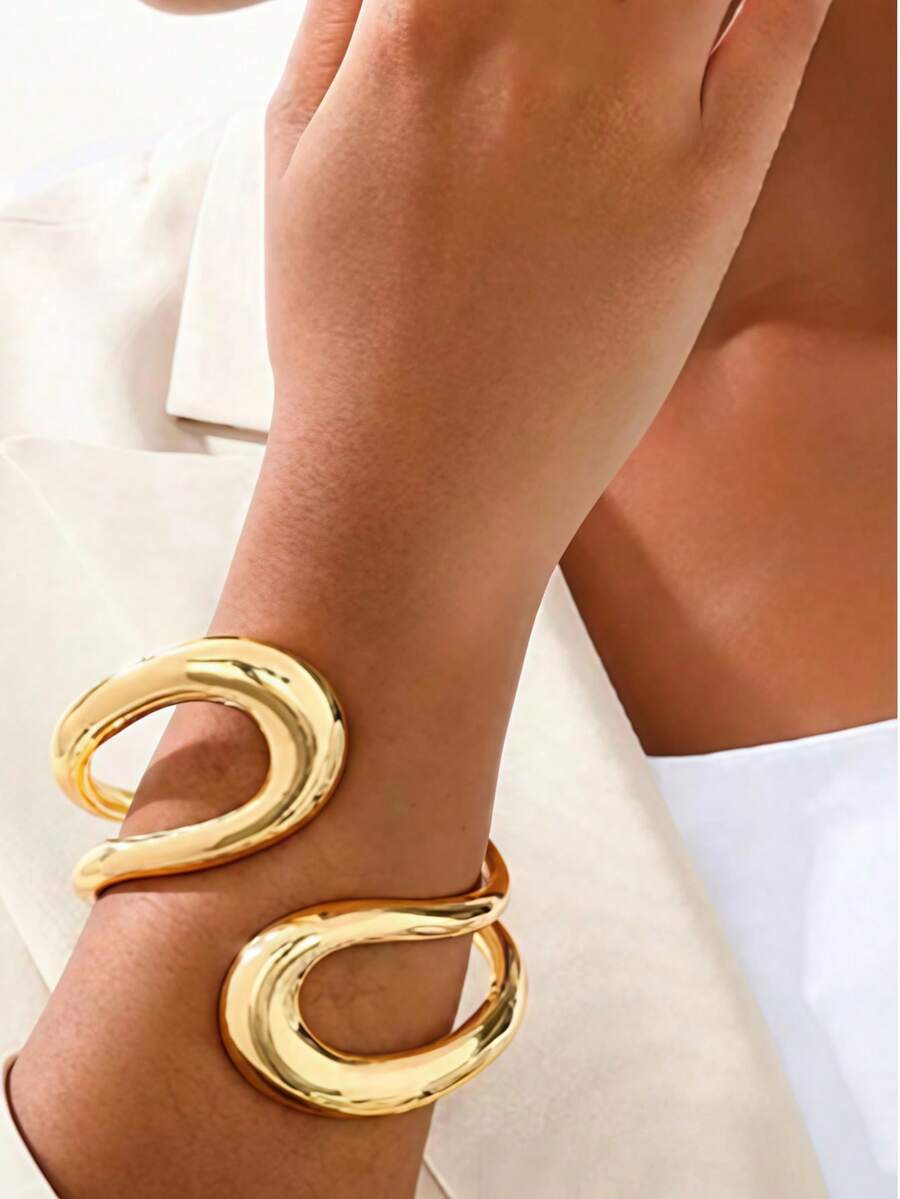 1 chiếc vòng tay kim loại trơn hai lớp bất đối xứng phong cách tối giản, thiết kế sang trọng theo phong cách Châu Âu, trang sức tông vàng cá nhân hóa, phù hợp để đeo hàng ngày, tiệc tùng, du lịch, thời trang thanh lịch - Vàng - Xem 1