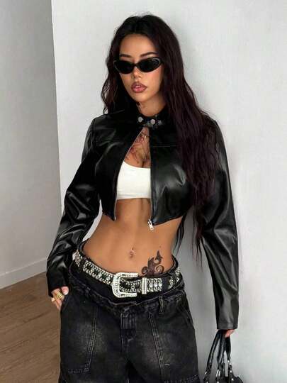 Women's Fall/Winter Streetwear Rave Hippie Athleisure Y2K Basic Leather Comfortable Zip Up Black Slim Fit Crop Long Sleeve Coat,Fall,Fall For Women