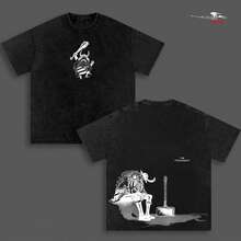 Camiseta unisex 100% algodón lavado vintage, estampado anime estilo Y2K, diseño moderno de moda, tacto suave y confortable, corte holgado, ideal para uso diario y excelente opción de regalo. - Negro - Ver 6