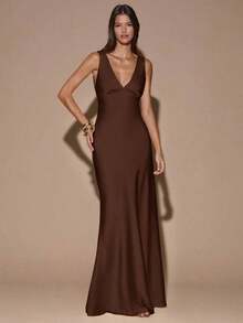 Vestido de tirantes con escote en V profundo y espalda descubierta, de unicolor amarillo/crema, estilo minimalista y sexy, adecuado para fiestas, eventos de cóctel, ocasiones formales, vestidos de dama de honor, vestidos de cumpleaños, vestido de satén amarillo, Navidad, banquetes, casual de negocios - Café integral - Ver 2