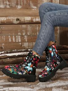 Girl's Fashionable Ankle Boots, Floral Lace-Up Unisex Ankle Boots, Combat Style Streetwear Boots - Black - View 5