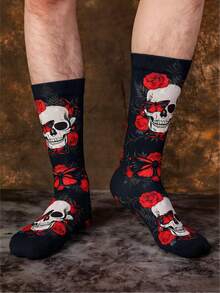 1/3 双装男女通用深色骷髅玫瑰印花船袜，透气、休闲、百搭、时尚卡通图案短袜，适合作为礼物和日常穿着 - 彩色 - 查看 3