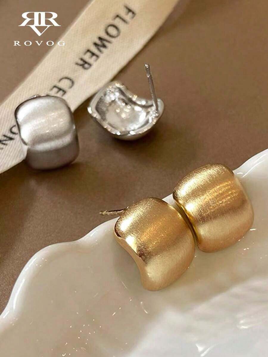 1pair Simple French Metal Bead Design Vintage Personalized Fashion Easeful Matte Texture Stud Earrings Women's Daily Life, Date And Commuting - Yellow Gold - View 1
