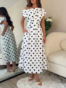 ChicMe Women Polka Dot Skew Neck Midi A Line Dress Retro Pleated Waist Pocket Sundress Elegant Date Party Wear - White - View 10
