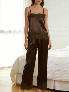 Women's 2 Piece Lounge Set Sleeveless Spaghetti Strap Lace Trim Tops Pants Sleepwear Soft Breathable Pajama Set For Women Cute Summer Nightwear For Home, Vacation, Honeymoon, Ideal For Mom, Wife, Bridesmaid - Cà phê nâu - Xem 1