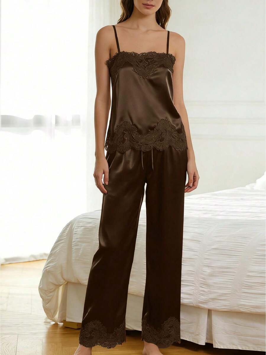 Women's 2 Piece Lounge Set Sleeveless Spaghetti Strap Lace Trim Tops Pants Sleepwear Soft Breathable Pajama Set For Women Cute Summer Nightwear For Home, Vacation, Honeymoon, Ideal For Mom, Wife, Bridesmaid - Cà phê nâu - Xem 1