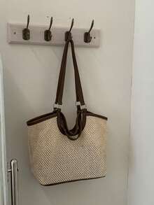 26 Styles Spring Korean 2 Pieces Woven Shoulder Bags, Cotton Rope Straw Braid Large Capacity Casual Minimalist - Brown - View 8