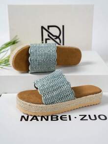 NANBEI ZUO 夏季新款女士度假风厚底编织鞋，拉菲草编织复古休闲拖鞋，室内/室外百搭舒适厚底凉鞋，母亲节礼物 - 灰藍色 - 查看 6