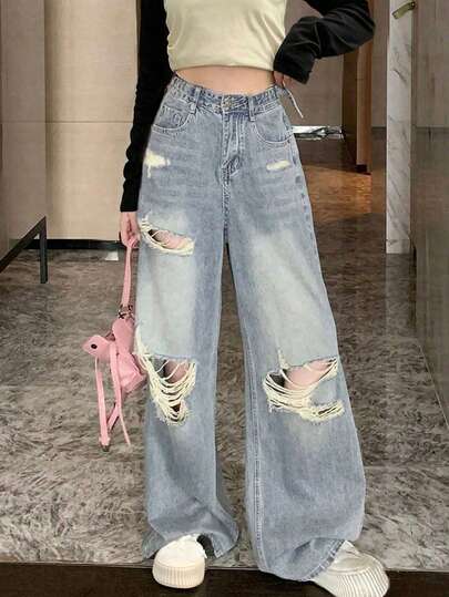 水洗破洞阔腿牛仔裤，休闲春季款