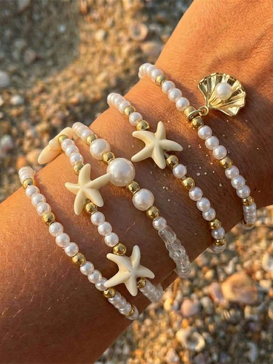 5件套夏季海滩度假风珍珠白珠海星串珠手链套装，手工串珠饰品，适合海滩、度假、日常佩戴，是送给朋友和女朋友的绝佳礼物 - 彩色 - 查看 1