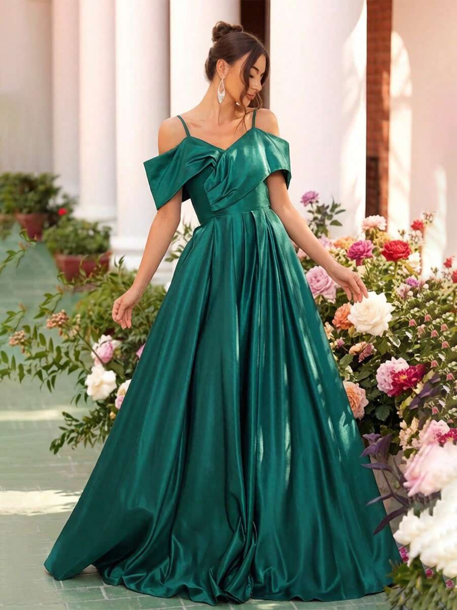 Elegant Off-Shoulder A-Line Evening Dress, Lace Satin Bridesmaid Wedding Party Gown - Green - View 1